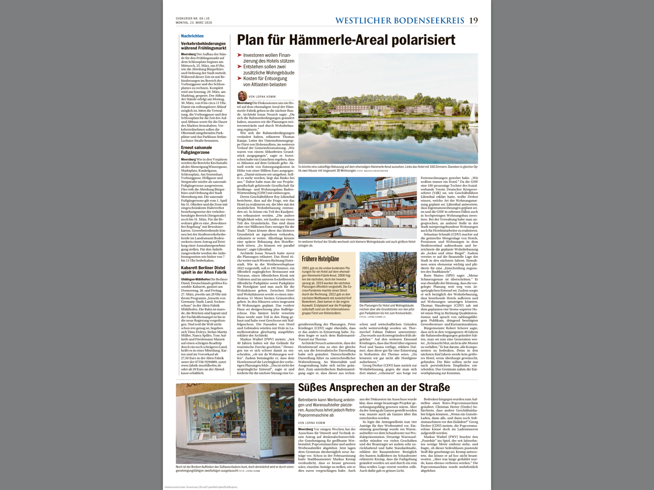 SÜDKURIER vom 23. März 2026: Plan für Hämmerle-Areal polarisiert